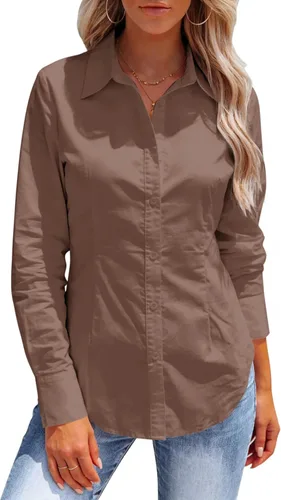 Vista 6 de Button Down Shirts for Women Long Sleeve Dress Shirts Collared Work Wrinkle Free Office Solid Blouses Fitted Tops