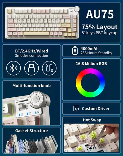 Vista 2 de Aula AU75 Teclado mecánico inalámbrico, teclado para juegos con junta de intercambio en caliente con perilla, BT/2.4G/teclado personalizado
