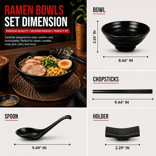 Vista 3 de Juego de Tazones Japoneses para Ramen de 32 oz – 20 Piezas de Tazones Pho de Melamina Negra con Palillos, Cucharas y Soportes – Vajilla para Fideos