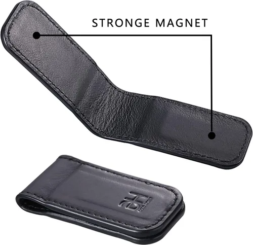Vista 5 de Soporte magnético delgado para tarjetas de visita de cuero genuino para hombres, Negro -, Slim