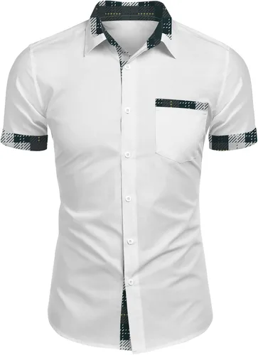 Vista 8 de RTRDE Men's Button Down Shirts Short Sleeve Plaid Print Summer Beach Wedding Vacation Dress Shirts, M-4XL