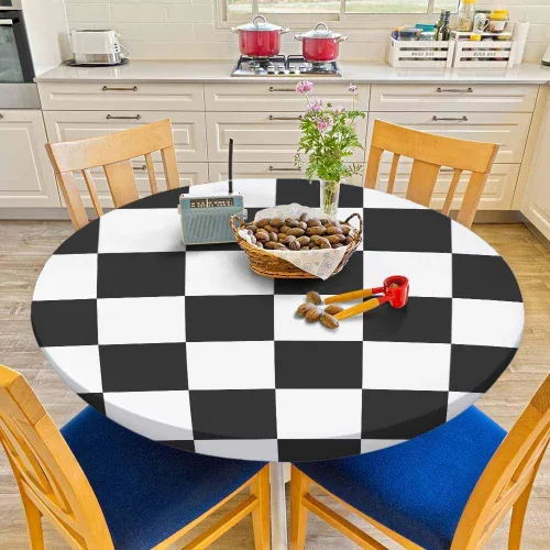 Vista 6 de Mantel de ajedrez blanco y negro con cuadrículas redondas, planos, abstracto, impermeable, lavable, para mesa de comedor ajustable de 40 a 44