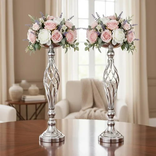 Vista 35 de 2 piezas de centros de mesa de boda para mesas de recepción, soportes de velas retorcidas, adornos, centros de mesa de metal con jarrón de flores