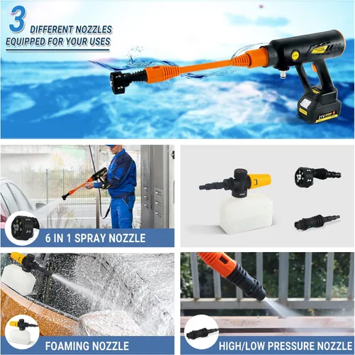 Vista 6 de T TOVIA Kit de lavadora eléctrica de 870 PSI, pistola de lavado a presión inalámbrica con batería impermeable de 4.0 Ah, boquilla 6 en 1, boquilla