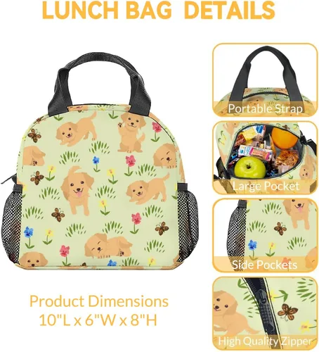 Vista 2 de Golden Retriever - Bolsa de almuerzo para niñas y niños, pequeñas bolsas de almuerzo aisladas, bonita lonchera reutilizable para niños, bolsas