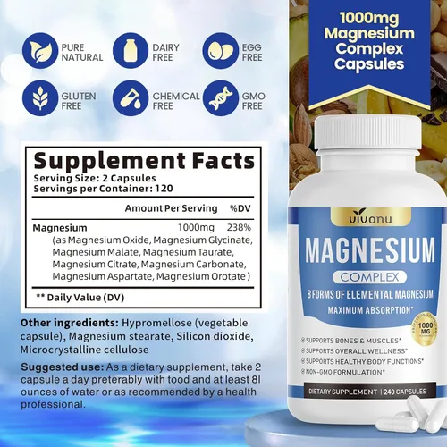 Vista 4 de Cápsulas complejas de magnesio de 1000 mg, glicinato de magnesio 8 en 1, citrato, malato, taurato, óxido, carbonato, aspartato, orrotato - 240