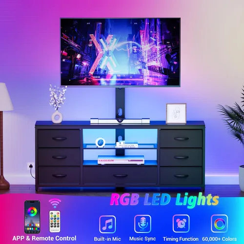 Vista 3 de Soporte de TV con soporte y 7 cajones de tela, centro de entretenimiento LED con tomas de corriente para televisores de 32, 45, 55, 60, 65, 70