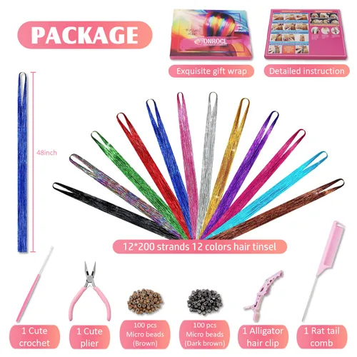 Vista 3 de Kit de oropel para el cabello con herramientas e instrucciones, fácil de usar, 12 colores, 2400 hebras de 48 pulgadas, extensiones de cabello