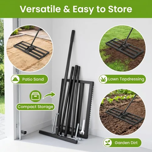 Vista 9 de Rastrillo nivelador de césped superior para suelo, rastrillo de pulgas de arena para césped, nivelador de alta resistencia de 30 x 10 pulgadas