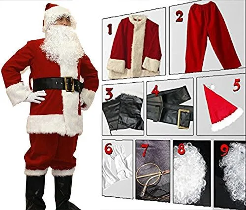 Vista 4 de Potalay Traje de Santa Claus de lujo para hombre, 11 piezas, Rojo