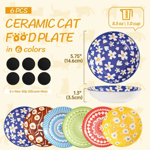 Vista 2 de Fairy Tales - Juego de 6 cuencos de cerámica coloridos para gatos, platos de alimentación con alfombrilla antideslizante, plato ancho poco profundo