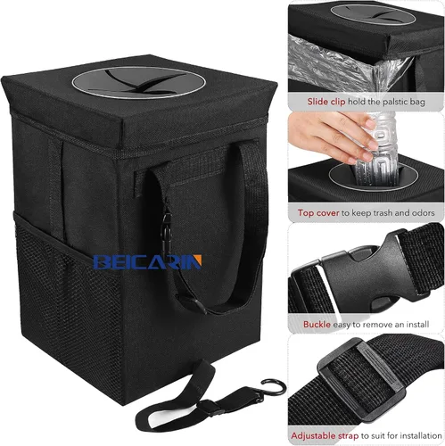 Vista 6 de Beicarin Papelera para coche con tapa, bolsa de basura para colgar con bolsillos de almacenamiento, plegable y portátil, organizador de auto a