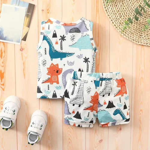 Vista 3 de Conjunto de ropa de 2 piezas de ropa de 2 piezas con estampado de dinosaurios de dibujos animados y pantalones cortos con cordón