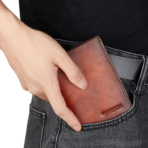 Vista 4 de Billetera de cuero de grano completo para hombres con RFID plegable con ventana de identificación lateral abatible 2, Amarillo Marrón, Classic