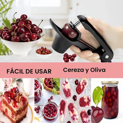 Vista 3 de Cherry Pitter, herramienta de acero inoxidable resistente para descorazonadores de aceitunas y cerezas con diseño de bloqueo que ahorra espacio Negro