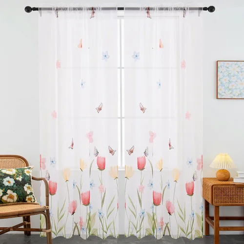 Vista 2 de youleyar Cortinas traslúcidas florales para sala de estar, 2 paneles de 54 pulgadas de largo, cortinas semitransparentes blancas con estampado
