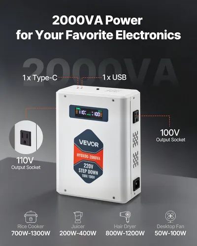 Vista 2 de VEVOR Convertidor de Voltaje Reductor, 2000VA, Convertidor de Energía de Voltaje de Servicio Pesado, Transformador de Energía de 220V a 110V, con 2
