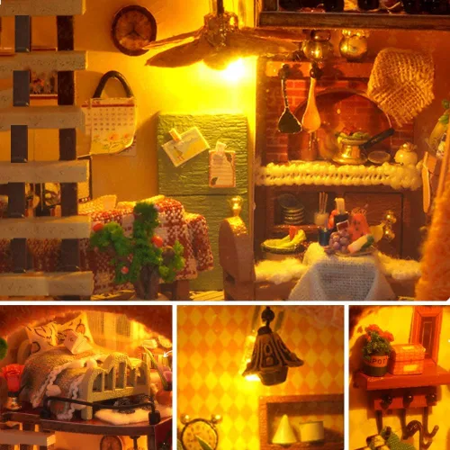 Vista 4 de Casa de muñecas en miniatura DIY con luces LED, cabina moderna creativa hecha a mano, mini modelo de casa, escena de muebles, mini artesanía