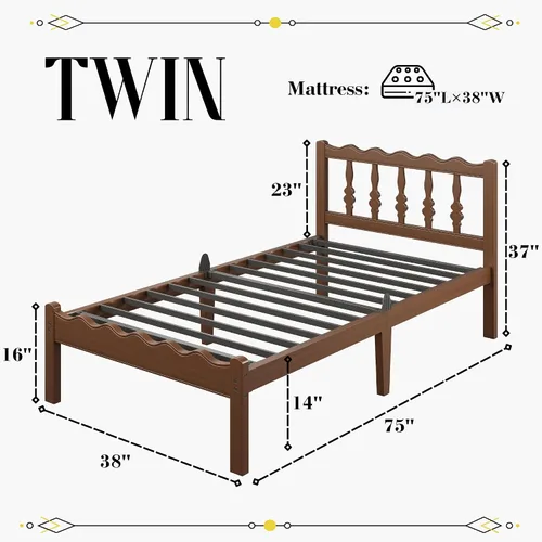 Vista 2 de Base de cama de bambú individual de 14 pulgadas con cabecera ondulada de mediados de siglo, cama de plataforma de madera maciza resistente