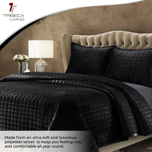 Vista 4 de Tribeca Living FLORENCEQUIKISI - Juego de acolchado Florencia, de terciopelo, sólido, tamaño grande), Negro, gemelo