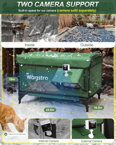 Vista 6 de Casa Calefaccionada para Gatos de Exterior, Casa Aislada Resistente a la Intemperie para Gatos de Exterior con Aleros Impermeables y Puerta de Verde
