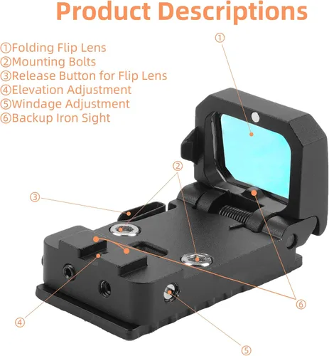 Vista 3 de Mini Plegable 3 MOA Red Dot Sight Flip Up Reflex Sight para Glock MOS, Pistola RMR, Picatinny Rail