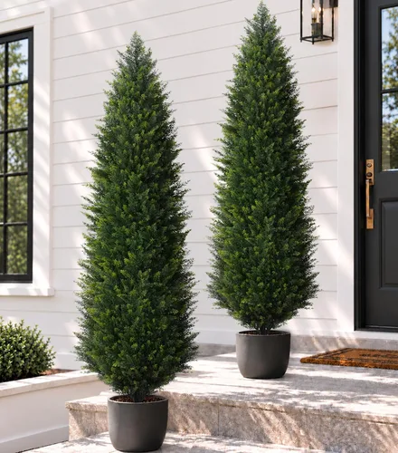 Vista 10 de Árboles de ciprés artificiales de 5 pies, 2 árboles de cedro sintético resistentes a los rayos UV para macetas al aire libre, arbustos de cedro