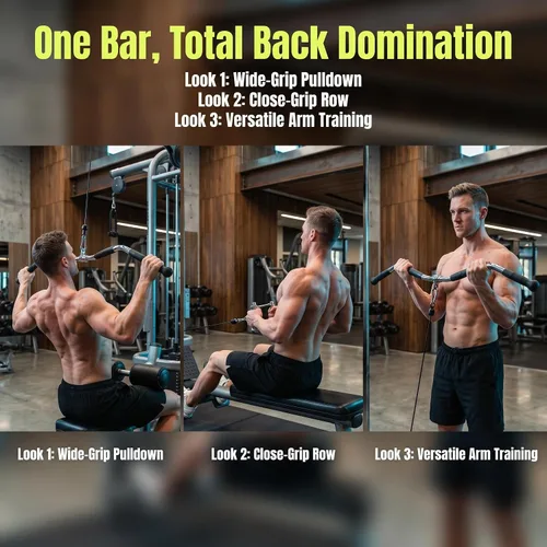 Vista 7 de Accesorio de barra dorsal para máquina de cables, barra de curl y pulldown con rotación completa y mango de goma para gimnasio, entrenamiento