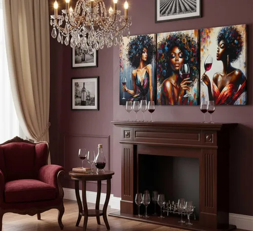 Vista 3 de 3 piezas de arte de pared en lienzo de mujeres afroamericanas, coloridas grafitis, chica afro con vino, pintura moderna, abstracta, estética