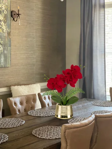 Vista 3 de Orquídeas blancas artificiales en maceta dorada, orquídea Phalaenopsis falsa, orquídea Bonsia sintética, centro de mesa para mesa de comedor