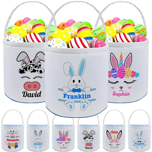 Vista 30 de Cesta de Pascua personalizada con nombre para niños, lona personalizada, cubo de Pascua, regalo para niños y niñas