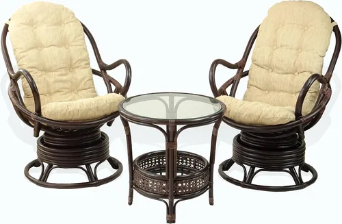 Vista 4 de Salón giratorio mecedora Java silla de mimbre natural de ratán con cojín crema, color marrón oscuro