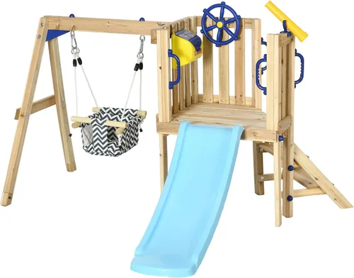 Vista 9 de Outsunny Juego de columpios para patio trasero, juego de madera para exteriores con asiento de columpio para bebé, tobogán para niños, fuerte, Rojo
