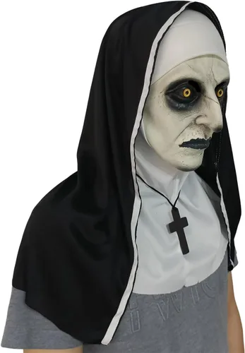 Vista 3 de Máscara de látex de monja aterradora con collar de cruz y diadema de monja, máscara de Halloween de cabeza completa, accesorios de disfraz de monja