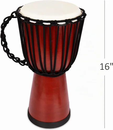 Vista 3 de ArtCreativity Set de tambor Djembe de madera de 16 pulgadas con baquetas, diseño de tambor africano de madera marrón rústico, instrumento musical
