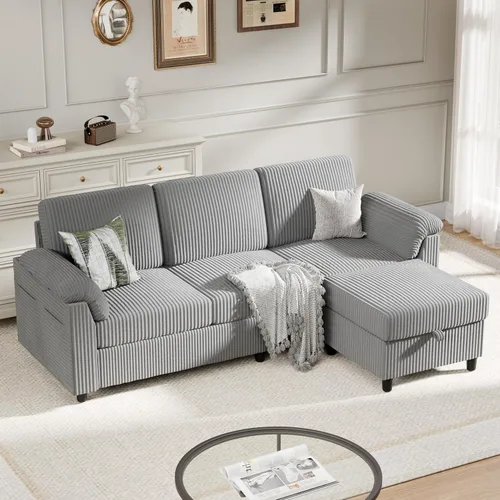 Vista 9 de Sofás seccionales para sala de estar, sofá en forma de L con bolsillo lateral de almacenamiento, cómodos sofás de 3 asientos para apartamento, gris