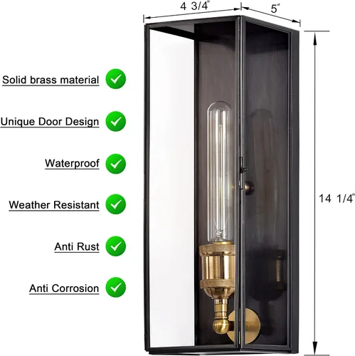 Vista 4 de Farol de pared de latón macizo para exteriores, lámpara de porche exterior con vidrio templado, iluminación de pared rectangular impermeable