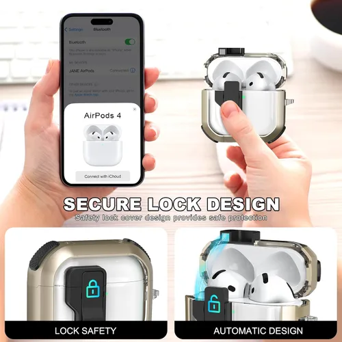 Vista 3 de Funda para AirPods de 4ª Generación, Diseño Transparente con Tapa Emergente Automática, Incluye Herramienta de Limpieza, Duradera y Resistente a