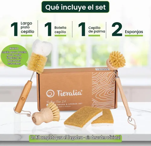 Vista 4 de Tieralia Juego de 5 cepillos de bambú para platos, kit de limpieza de cocina ecológico con cepillo para botellas, cepillo largo para platos