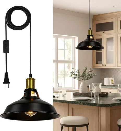 Vista 10 de Lámpara colgante, lámpara colgante industrial de granja con pantalla de metal, iluminación colgante de techo negro y dorado para isla de cocina