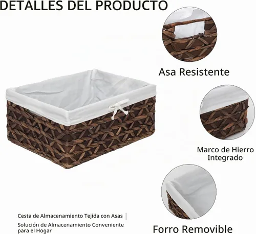 Vista 7 de Cesta de almacenamiento rectangular tejida de hierba marina con asa, Kingwillow. (Madera y jacinto de agua, juego de 3)
