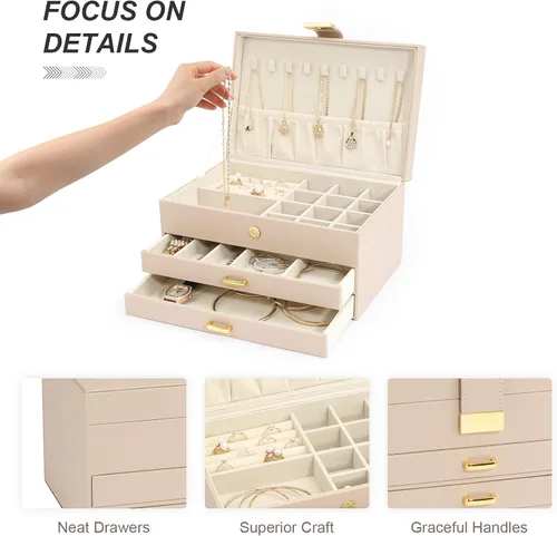 Vista 3 de V-LAFUY Organizador de joyas, organizador de joyas medio y almacenamiento, caja de joyería de 3 niveles con 2 cajones, cajas de joyería
