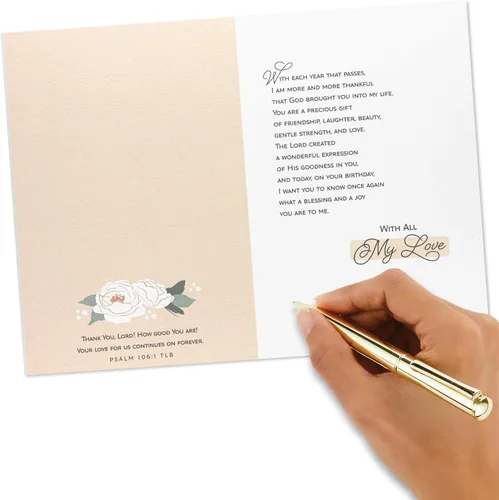 Vista 6 de Hallmark Tarjeta de cumpleaños religiosa DaySpring para esposa (mi persona favorita) Flores con purpurina y lámina dorada, flores pálidas