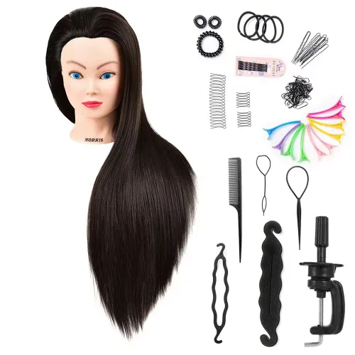 Vista 10 de Headdoll Cabeza de maniquí de 26 a 28 pulgadas, cabeza de maniquí para peinar el cabello y soporte de mesa libre, cabeza de entrenamiento, maniquí