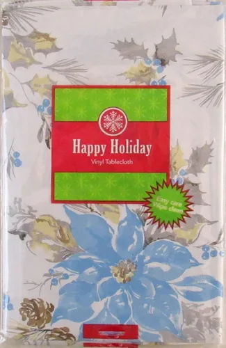 Vista 8 de Happy Holiday Mantel trasero de franela de vinilo con diseño de flor de pascuas azul acuarela, acebo, piñas y muérdago (52 x 70 pulgadas, oblongo)