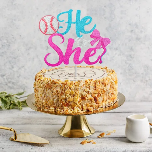 Vista 6 de Él or She Gender Reveal Cake Topper - Decoración para pastel de béisbol o lazos para niño o niña, suministros de anuncio de embarazo azul o rosa