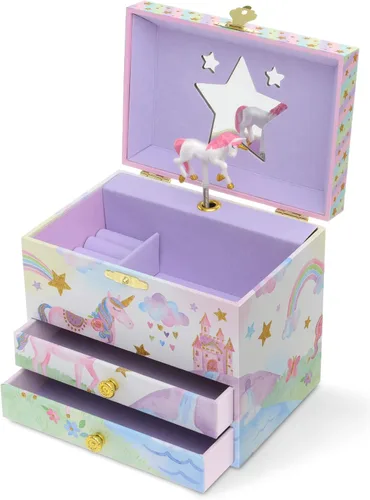 Vista 4 de Jewelkeeper Caja de música de unicornio y juego de joyas para niñas pequeñas 3 regalos de unicornio para niñas caja de joyería de unicornio