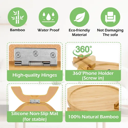 Vista 6 de SINWANT Mesa de brazo para sofá, bandeja redonda de bambú con clip para sofá con soporte para teléfono de 360°, mesa plegable para reposabrazos