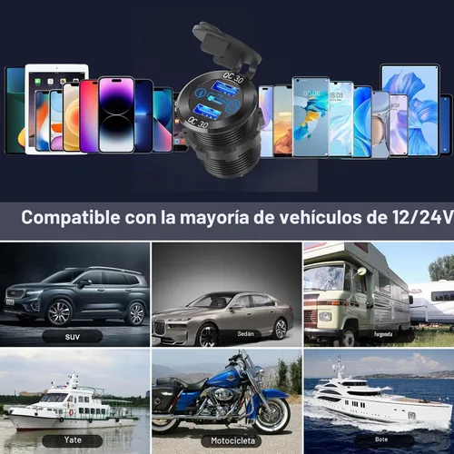 Vista 7 de Cargador de aluminio USB de 12 V PD 3.0 tipo C y doble carga rápida 3.0 puerto USB múltiple impermeable de 12 V/24 V USB con interruptor táctil, kit