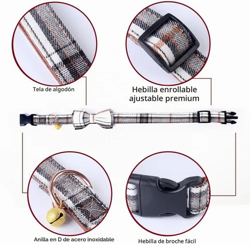 Vista 4 de Yizepet Collar de perro con corbatín - Collar ajustable para mascotas con collar de hebilla de plástico, patrón elegante para niños pequeños Beige